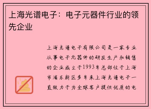上海光谱电子：电子元器件行业的领先企业
